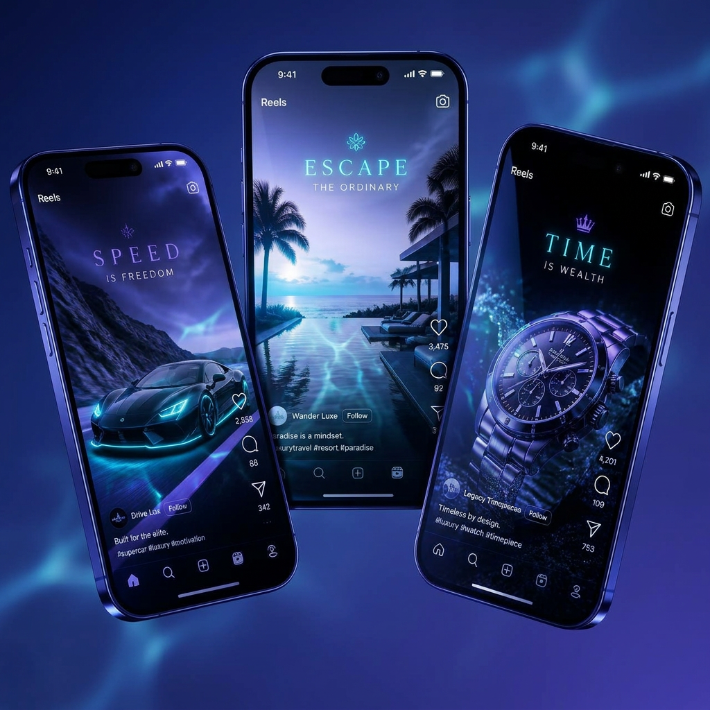 Three iPhones displaying luxury viral reels